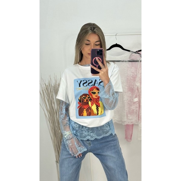 CAMISETA BASIC ENCAJE CELESTE