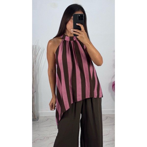 TOP HALTER RAYAS MARRONYROSA