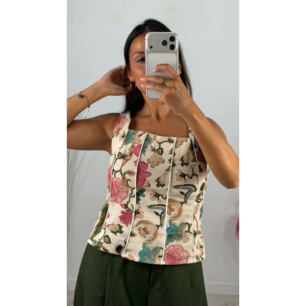 TOP CORTES FLORES BEIGE