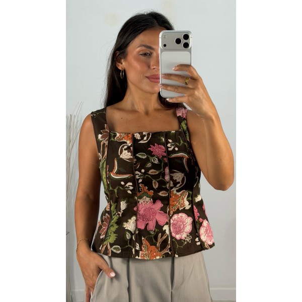 TOP CORTES FLORES MARRON