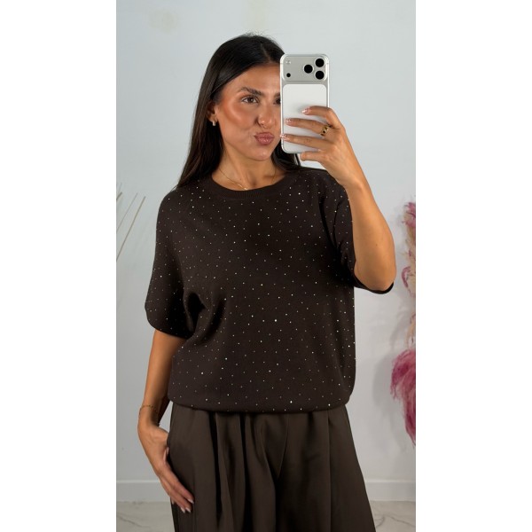 JERSEY MANGA CORTA STRASS MARRON