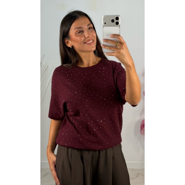JERSEY MANGA CORTA STRASS VINO