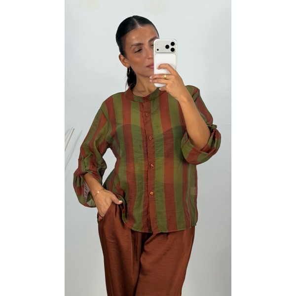 BLUSA GASA RAYAS VERDE Y CALDERA