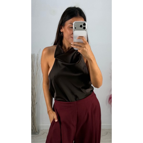 TOP HALTER SATINADO MARRON