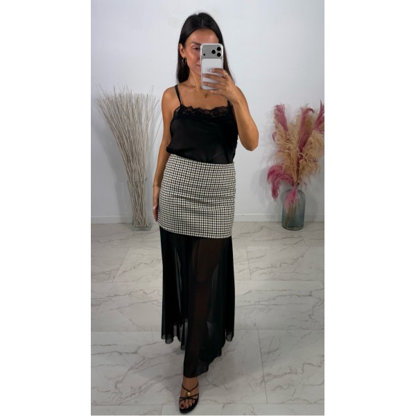 FALDA PATA DE GALLO Y TULL NEGRA