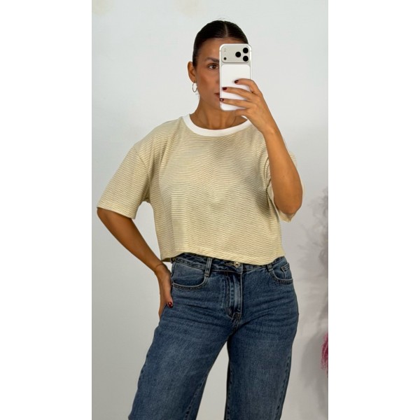 CAMISETA CROP RAYAS CAMEL