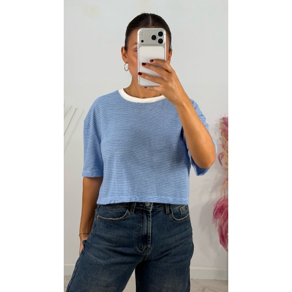 CAMISETA CROP RAYAS AZUL