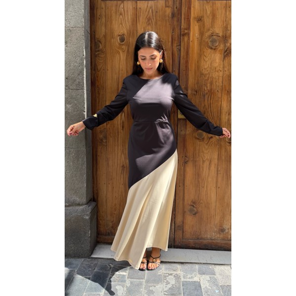 VESTIDO BICOLOR NEGRO Y BEIGE