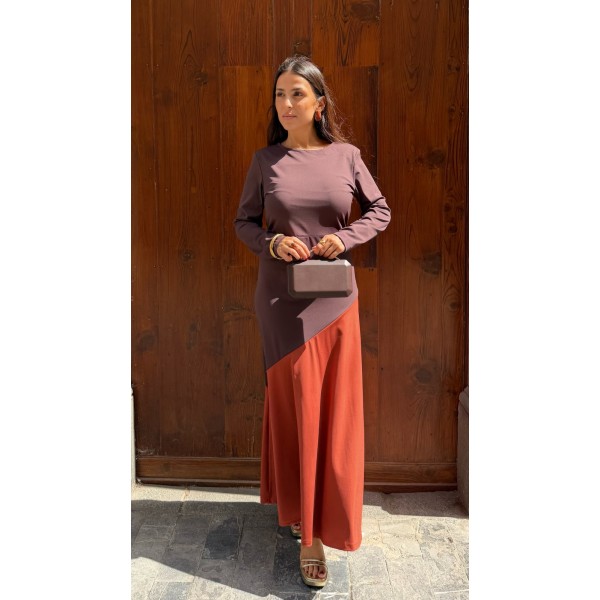 VESTIDO BICOLOR MARRON Y TEJA
