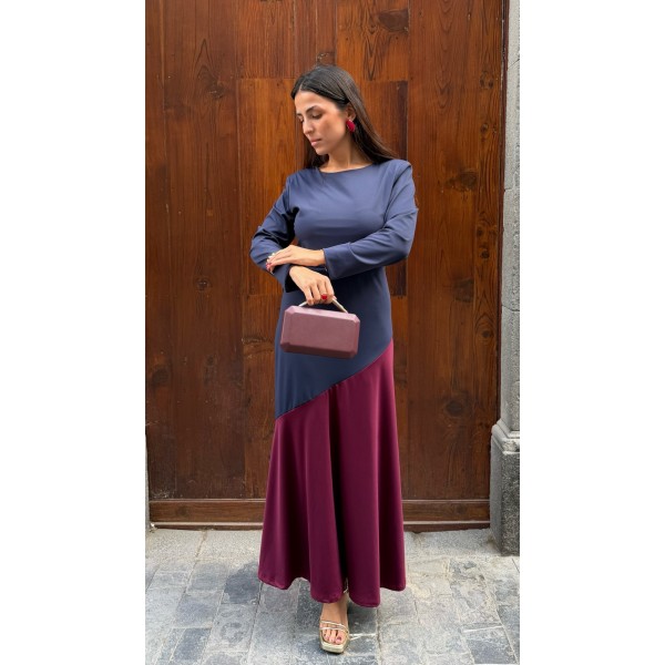 VESTIDO BICOLOR AZUL MARINO Y VINO