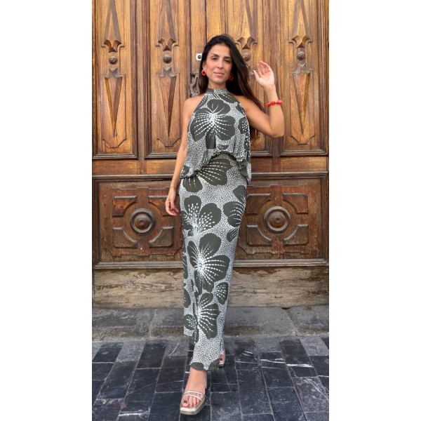 VESTIDO HALTER VERDE FLOR TULL