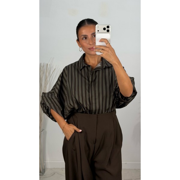 CAMISA RAYAS CHOCOLATE MANGA ABULLONADA