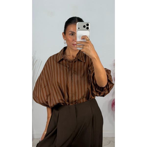 CAMISA RAYAS MARRON MANGA ABULLONADA
