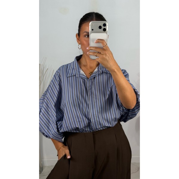 CAMISA RAYAS CELESTE MANGA ABULLONADA